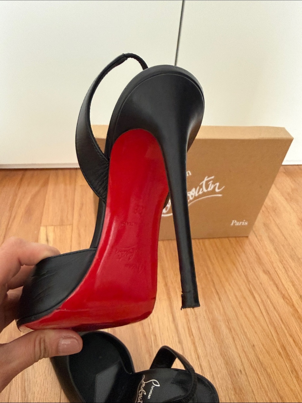 Christian Louboutin Black Leather Slingback Pointed Stilettos with Red Sole - Picture 7 of 11